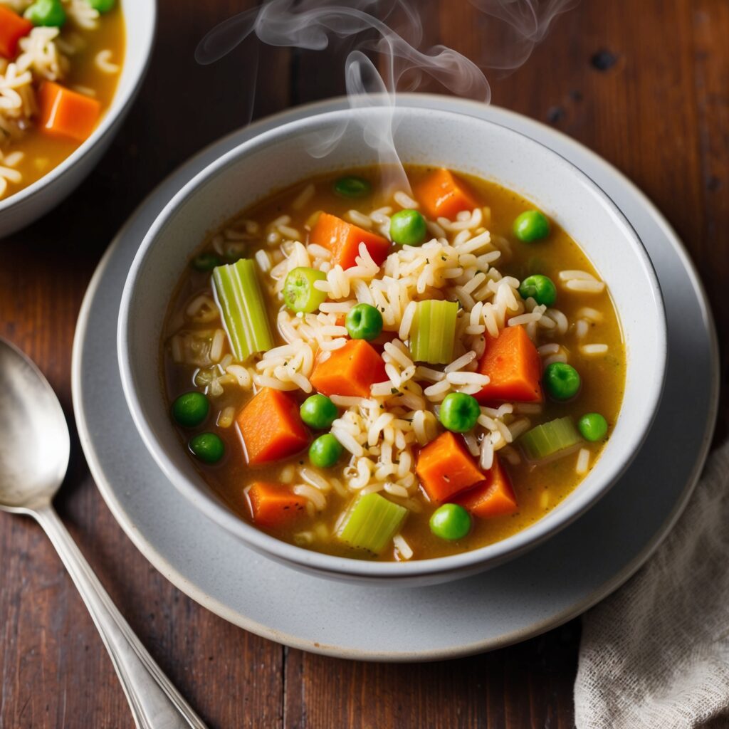 Image of a steaming bowl of Vegetable Rice Soup, filled with rice, colorful carrots, celery, and peas, garnished with fresh herbs