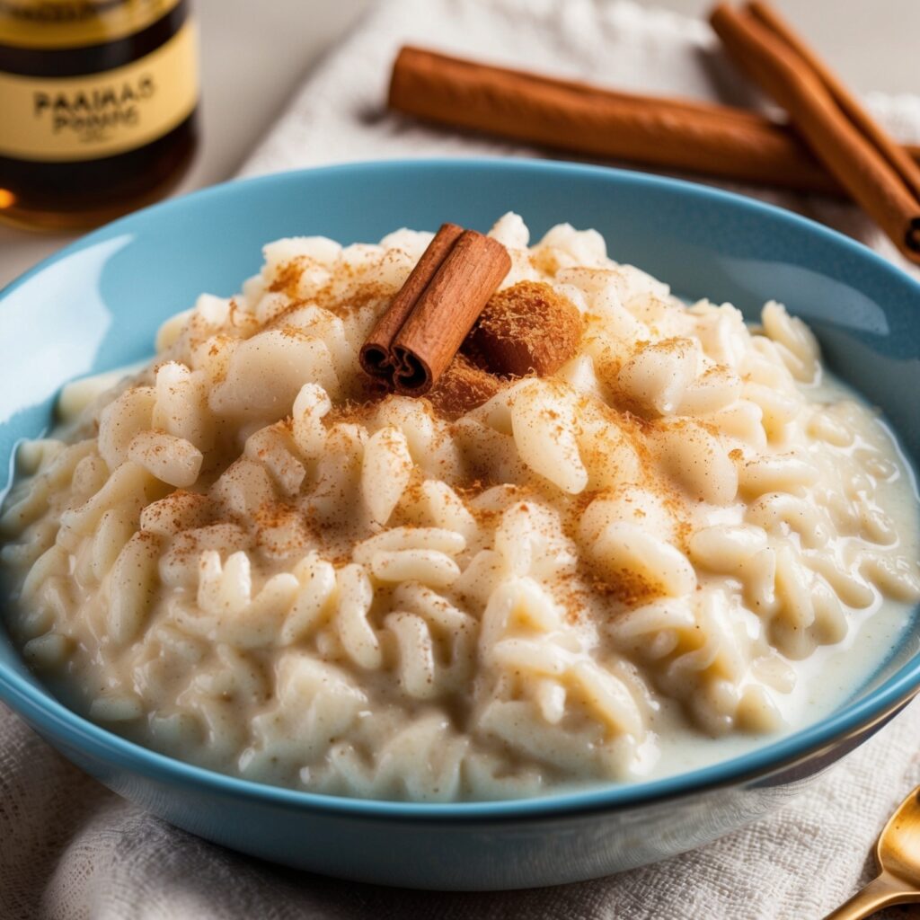 Image of creamy Rice Pudding topped with a sprinkle of cinnamon, served in a bowl with a spoon, garnished with a vanilla pod.