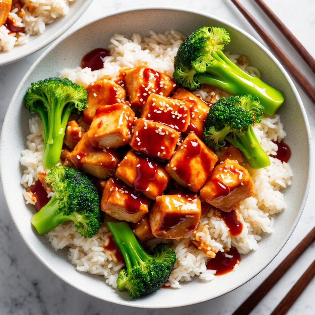Image of a Teriyaki Rice Bowl featuring fluffy rice topped with stir-fried chicken or tofu, vibrant broccoli, and a glossy teriyaki sauce.