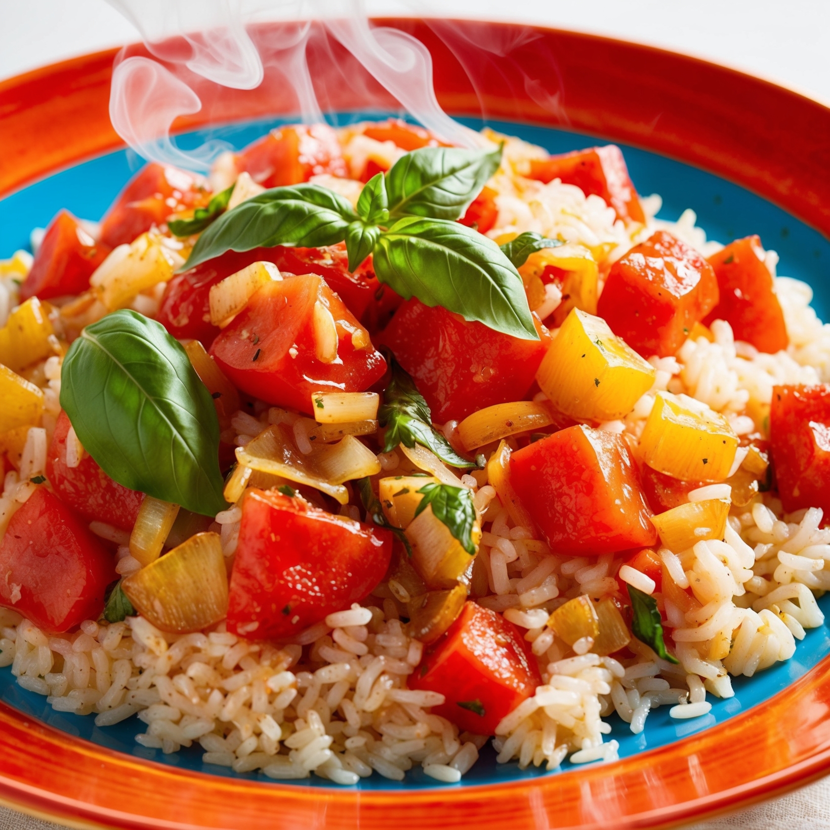 A vibrant plate of Tomato Rice featuring fluffy rice mixed with diced tomatoes, sautéed onions, garlic, and fresh basil.