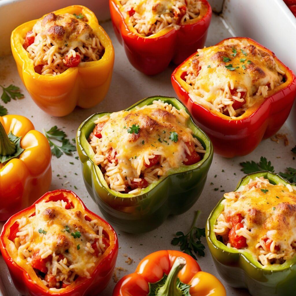 Colorful bell peppers stuffed with a savory blend of rice, melted cheese, and Italian seasoning, baked to perfection until tender.
