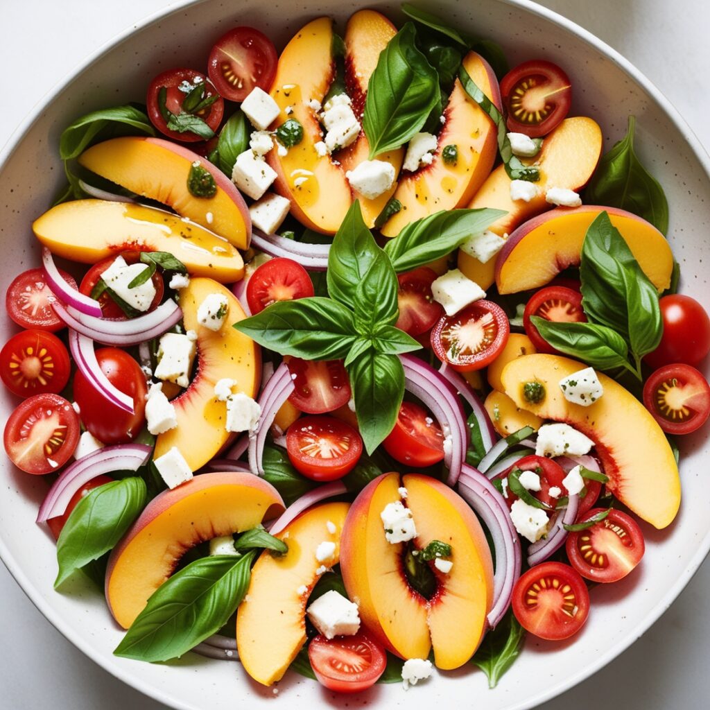Summer Peach and Tomato Salad with Fresh Basil recipe that highlights the best local and seasonal food ingredients the season has to offer.