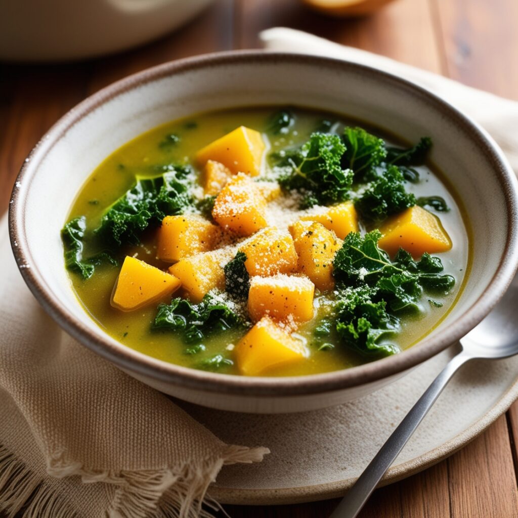 Winter Hearty Winter Squash and Kale Soup recipe that highlight the best ingredients the season offer