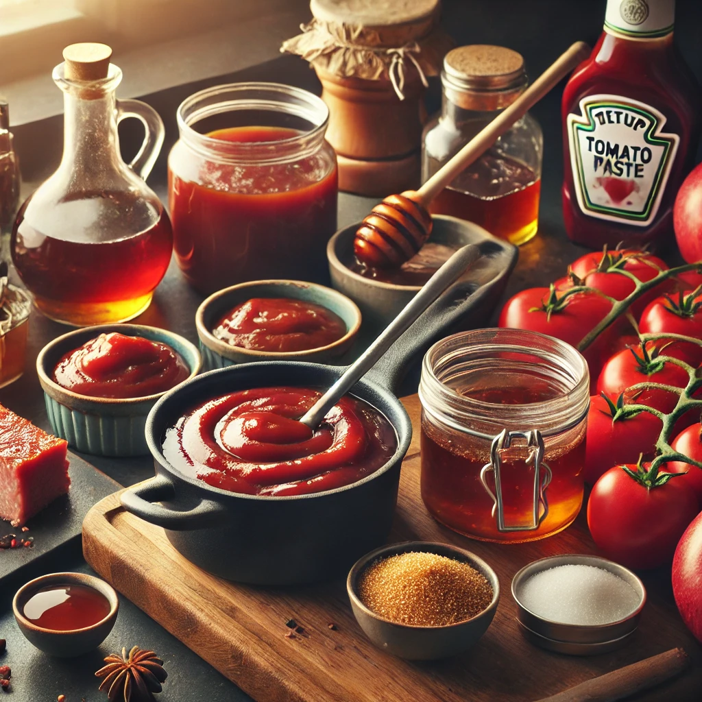 image of the homemade barbecue sauce being prepared, featuring the ingredients and the simmering sauce in a warm, inviting kitchen setting.