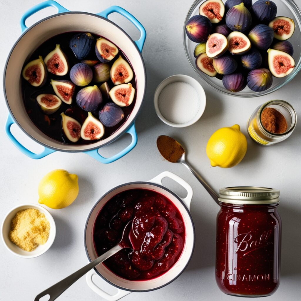 A homemade fig jam preparation with fresh figs, sugar, and pantry staples like lemon and optional spices, showing the cooking process and finished jam in jars.
