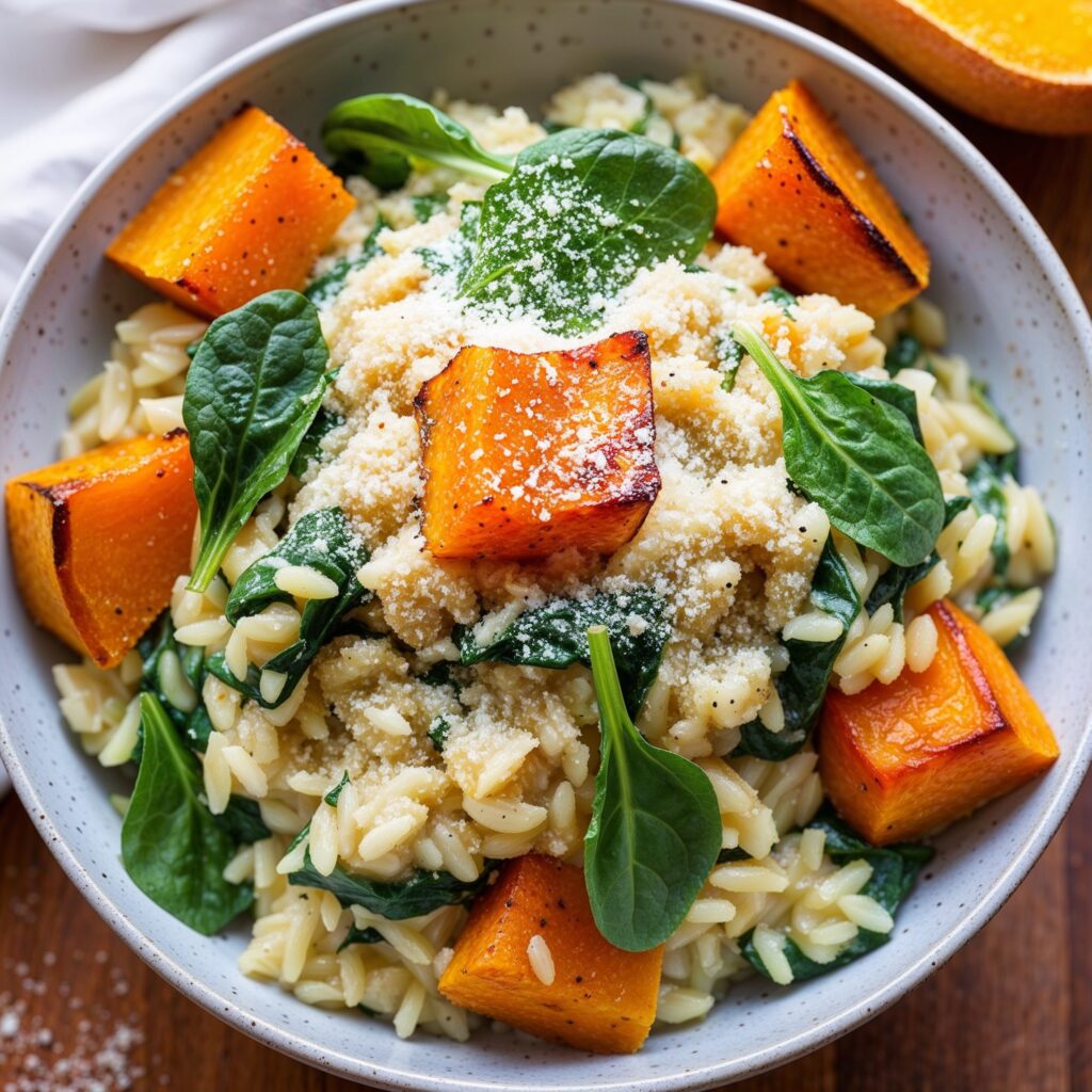 A colorful and nutritious Butternut Squash and Spinach Risotto, highlighting the role of vitamins and minerals for kids.