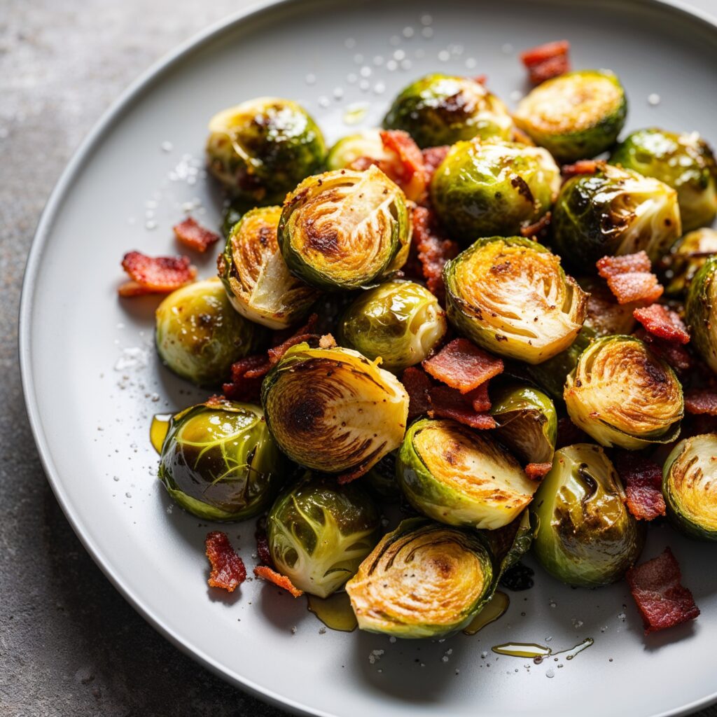 Crispy roasted Brussels sprouts with bacon, providing essential vitamins and minerals for kids' healthy growth.