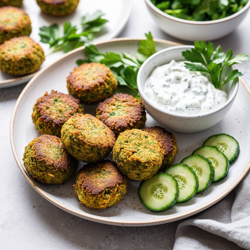 Baked falafel served with creamy tzatziki sauce, offering essential vitamins and protein for kids' growth and development.