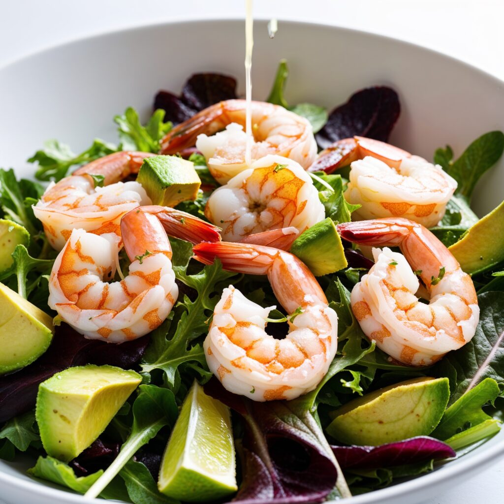 Fresh shrimp and avocado salad with mixed greens, providing essential vitamins and protein for children's healthy growth.