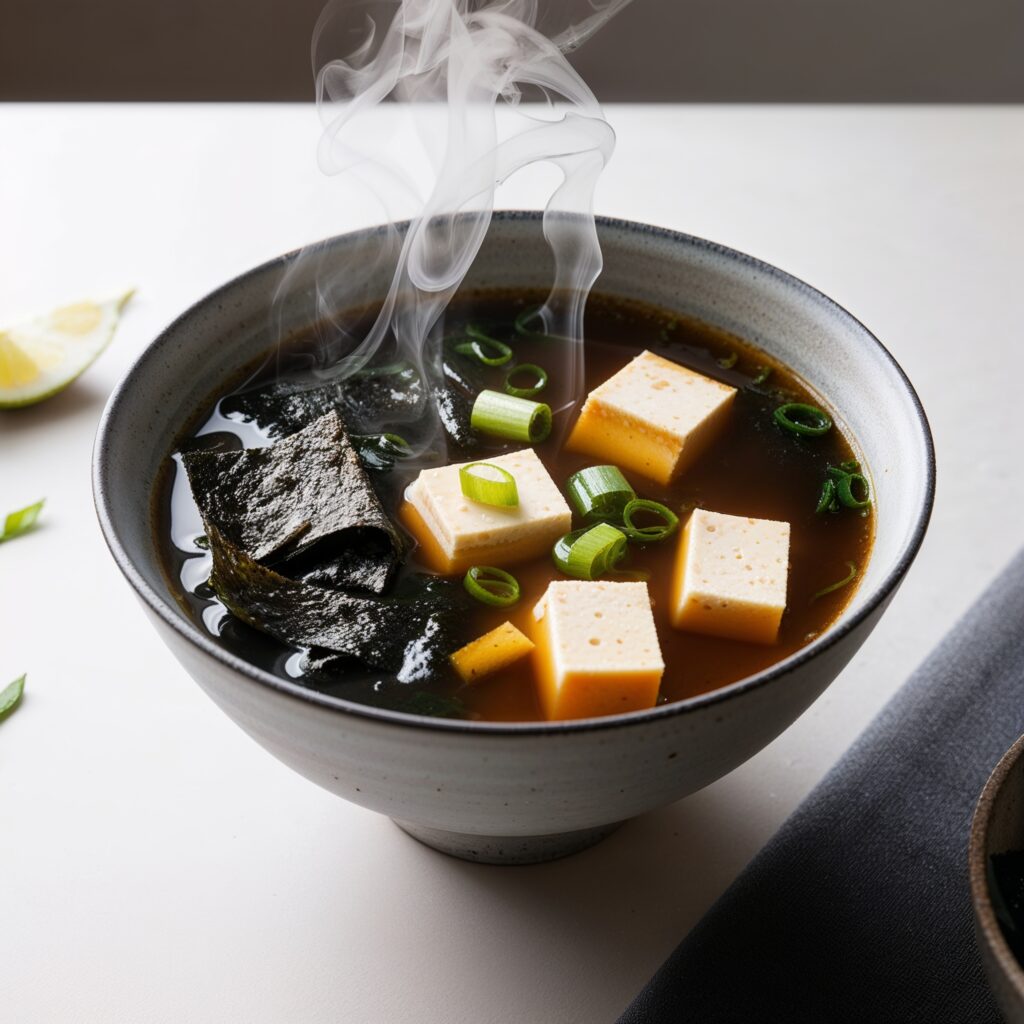 Miso soup with tofu and seaweed, providing essential vitamins A, C, and protein for kids' health.