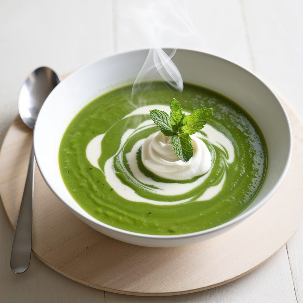 Green Pea and Mint Soup, rich in Vitamin K, C, and fiber, a nourishing dish for kids’ healthy growth.
