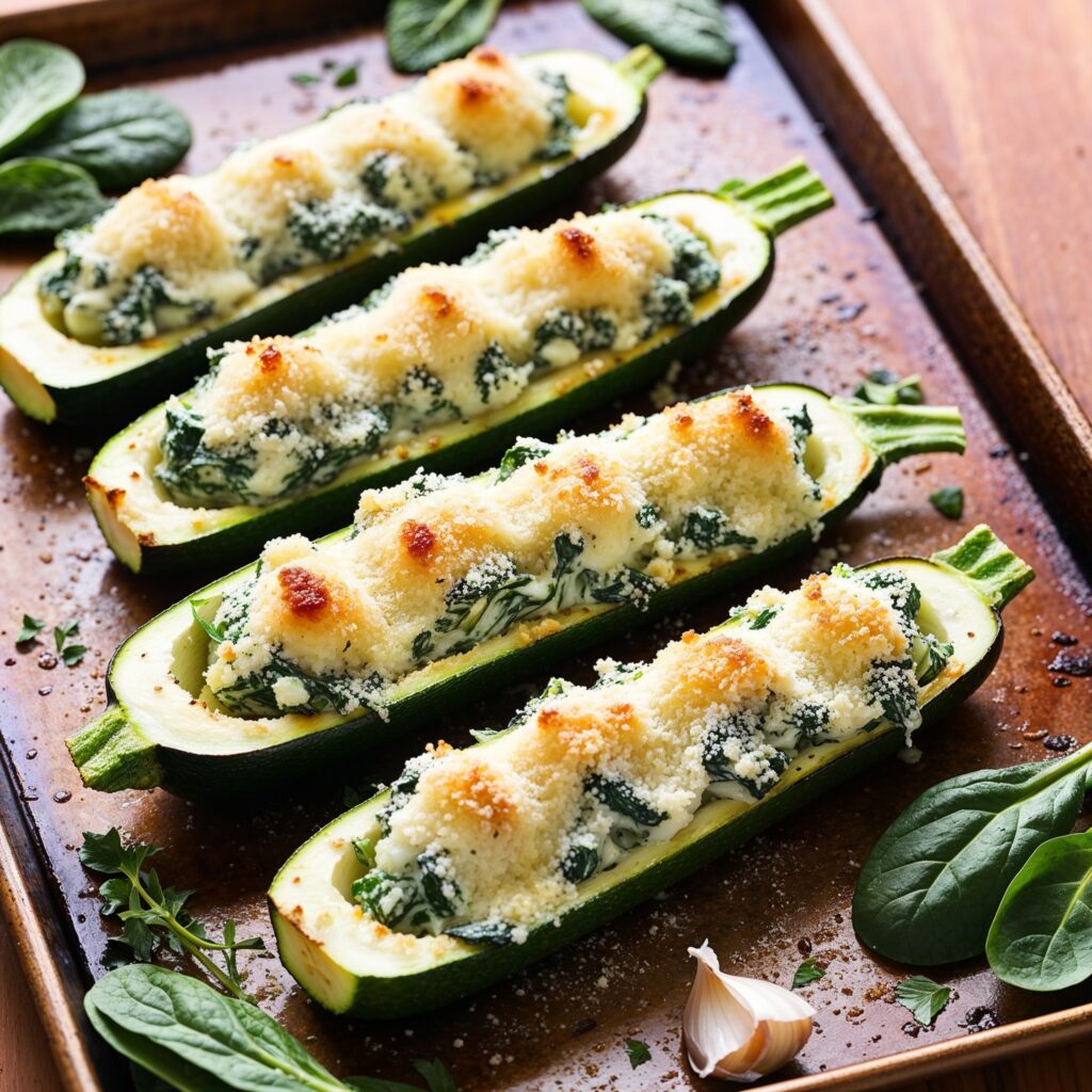Spinach and Ricotta Stuffed Zucchini Boats providing vitamins A, C, calcium, and iron, perfect for kids' growth and development.