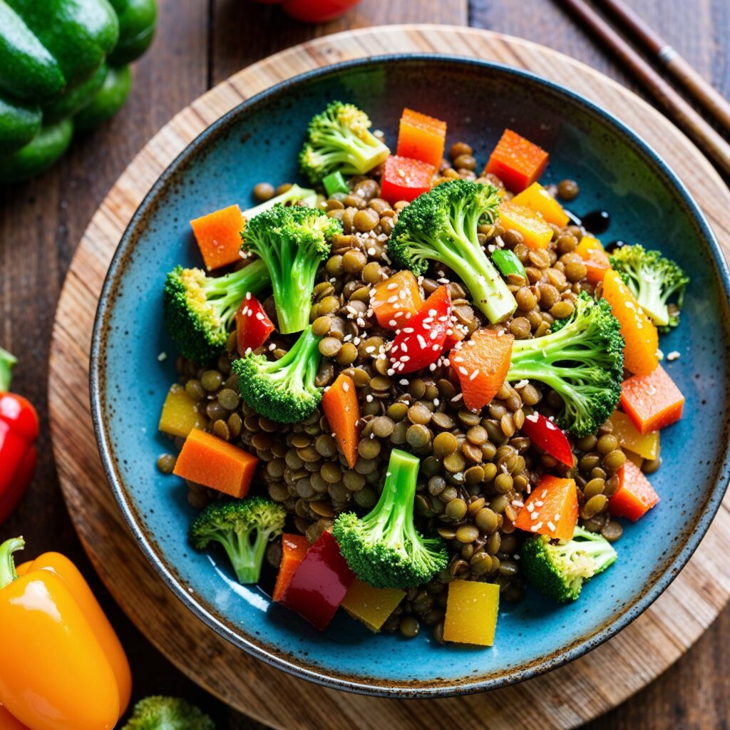 Colorful and nutritious Zesty Lentil and Vegetable Stir-Fry, packed with essential vitamins and minerals for kids' growth and health, featuring lentils, broccoli, carrots, and bell peppers