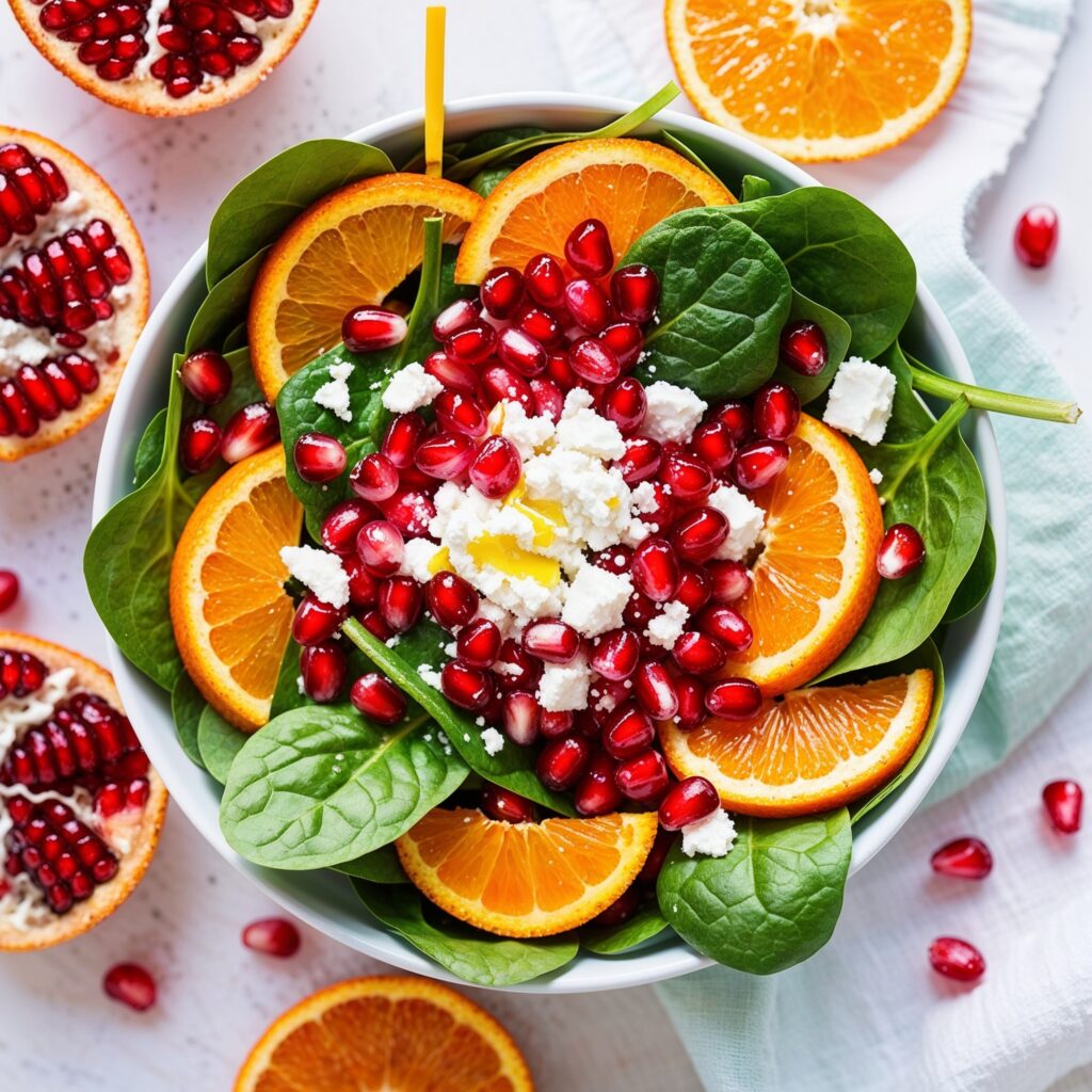 Vibrant Orange and Pomegranate Salad, packed with vitamins A and C and antioxidants, essential for kids' growth and health.