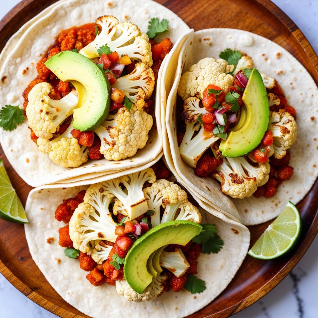 Colorful Cauliflower Tacos with avocado and salsa, a healthy and delicious meal.