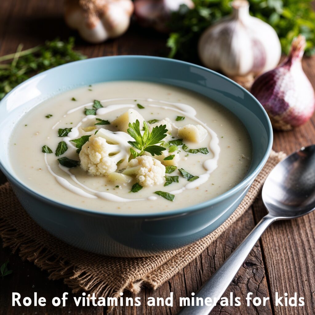 Cauliflower soup showcasing the role of vitamins and minerals for kids.