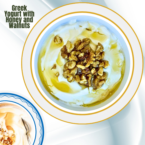 Healthy Snack Ideas Generator: Greek yogurt topped with honey and crunchy walnuts.