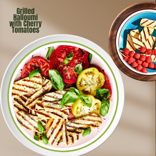 Healthy Snack Ideas Generator: Grilled halloumi cheese served with juicy cherry tomatoes for a deliciously savory bite.