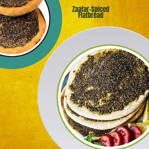Zaatar-spiced flatbread, a flavorful and aromatic treat perfect for dipping or enjoying on its own.