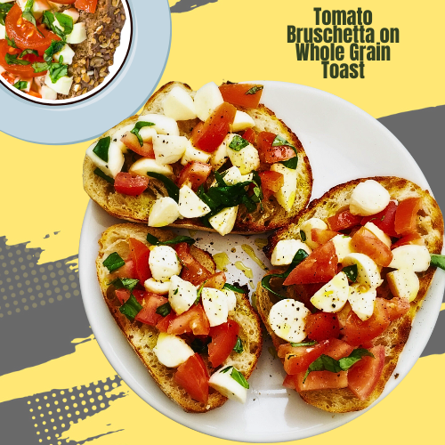 Healthy Snack Ideas Generator: Tomato bruschetta on whole grain toast, a fresh and flavorful snack loaded with vitamins. #HealthySnacks #KidFriendly #NutritiousEats