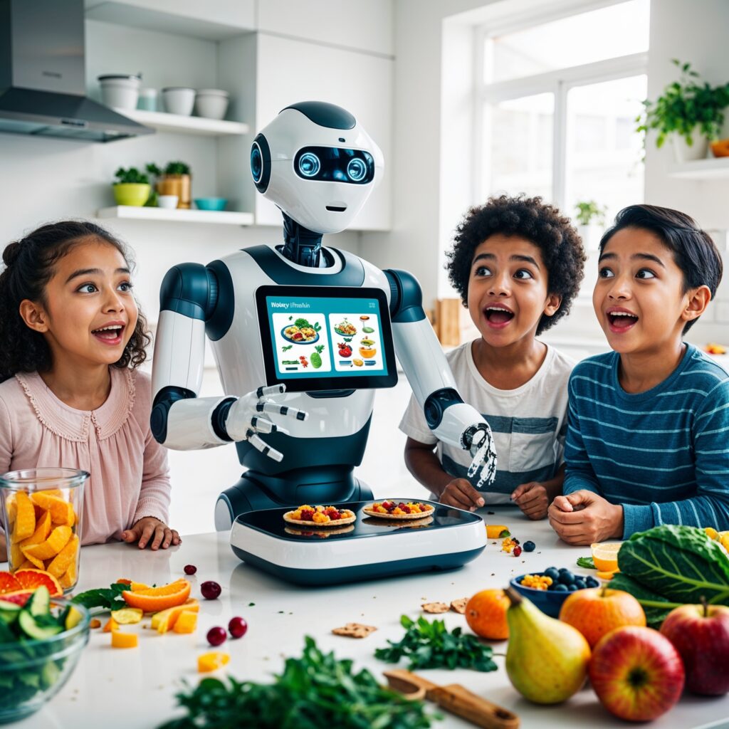 Futuristic robot in a modern kitchen planning healthy snacks, with two amazed children eagerly waiting for results.
