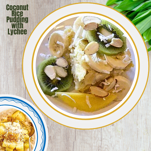 Creamy coconut rice pudding topped with sweet lychee for a tropical, guilt-free treat!