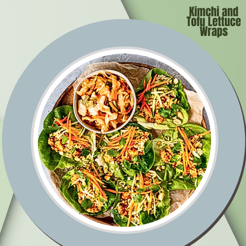 Healthy Snack Ideas Generator: Spicy kimchi chicken wrapped in crisp lettuce for a fresh and flavorful bite!"