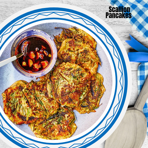 Crispy scallion pancakes served with a zesty chili ginger dipping sauce for a delicious twist!