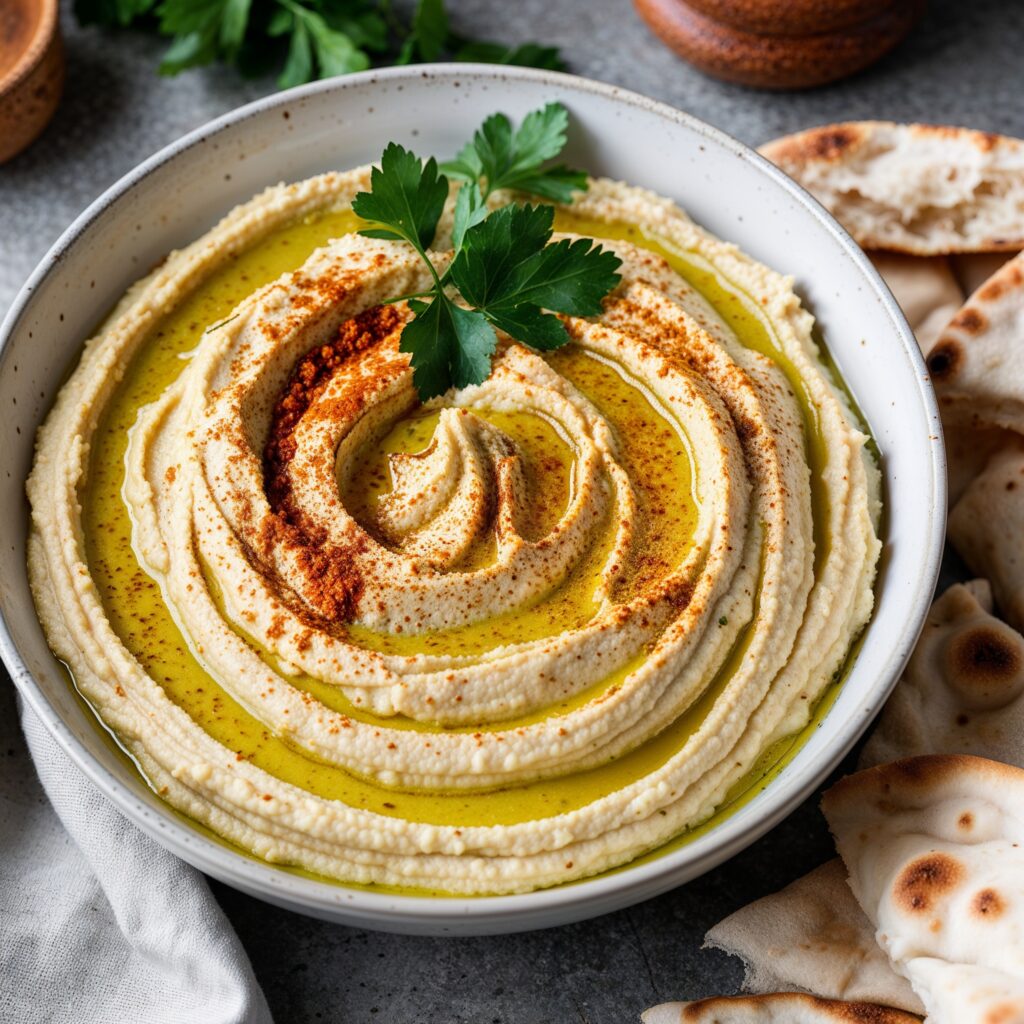 Exploring Global Cuisines: Enjoy the rich flavors of Syrian Hummus, a creamy dip perfect with pita.