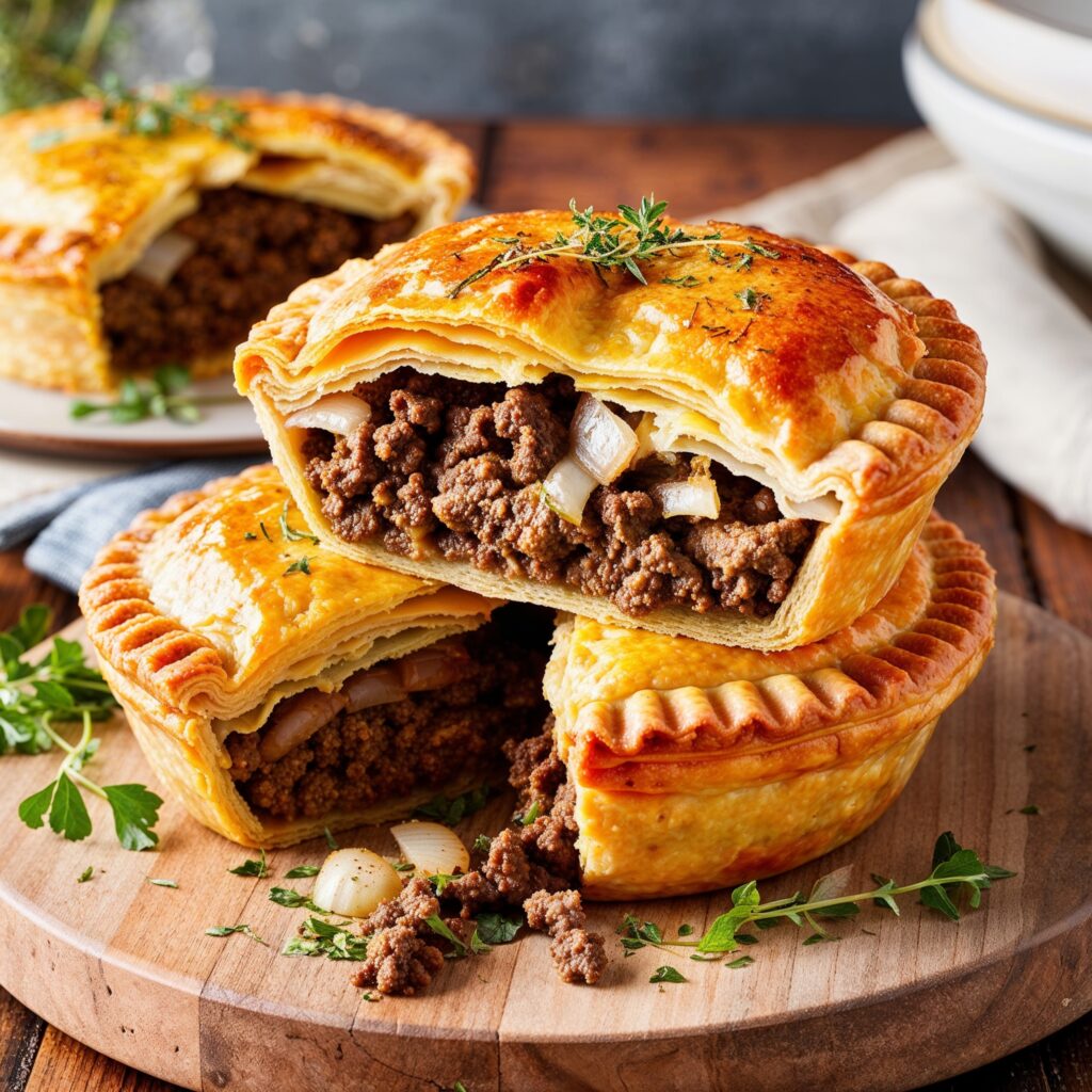 Exploring Global Cuisines: Savor the comforting flavors of an Australian Meat Pie, a classic dish filled with rich beef and gravy.