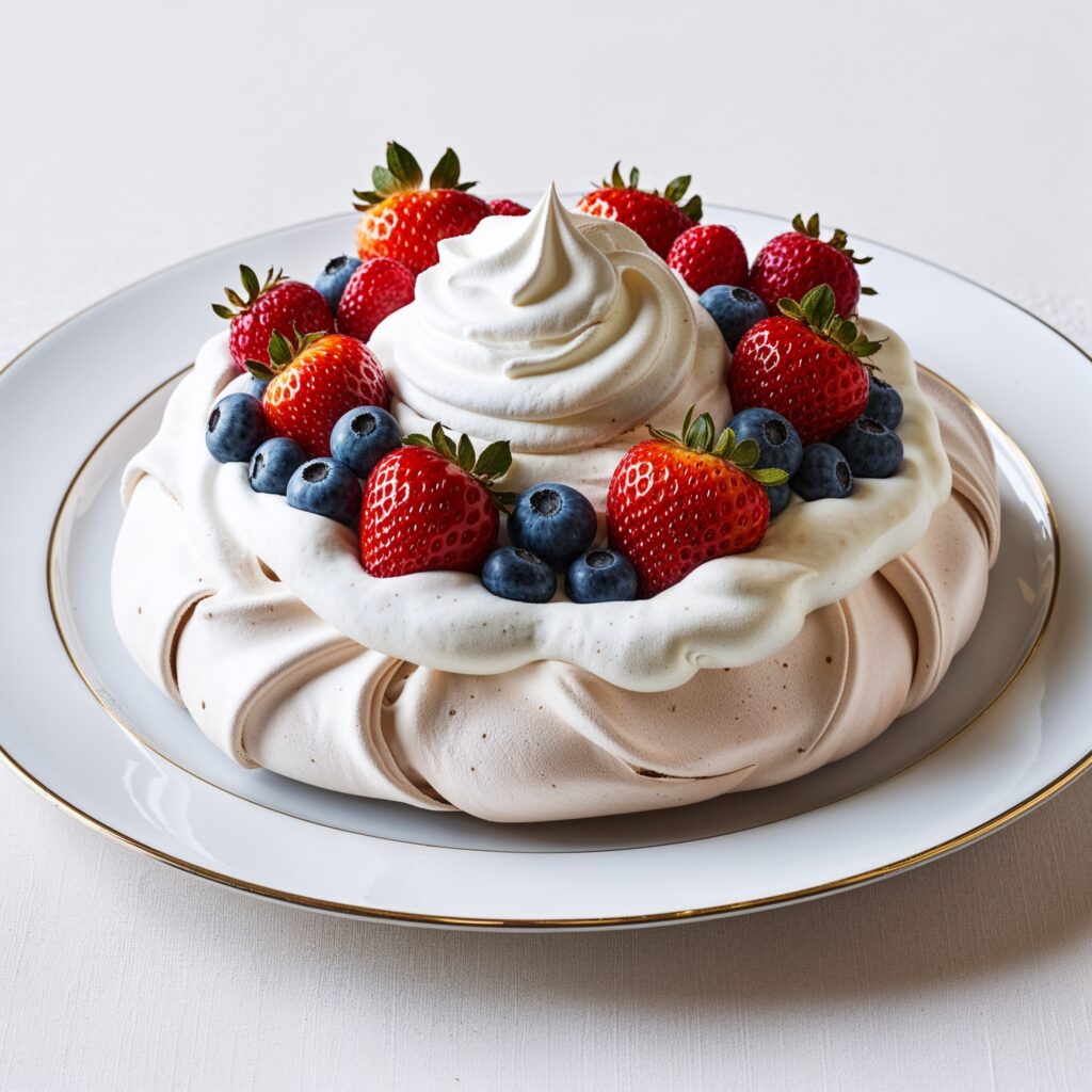 Exploring Global Cuisines: Delight in the light and sweet flavors of Pavlova, a classic New Zealand dessert topped with fresh berries.
