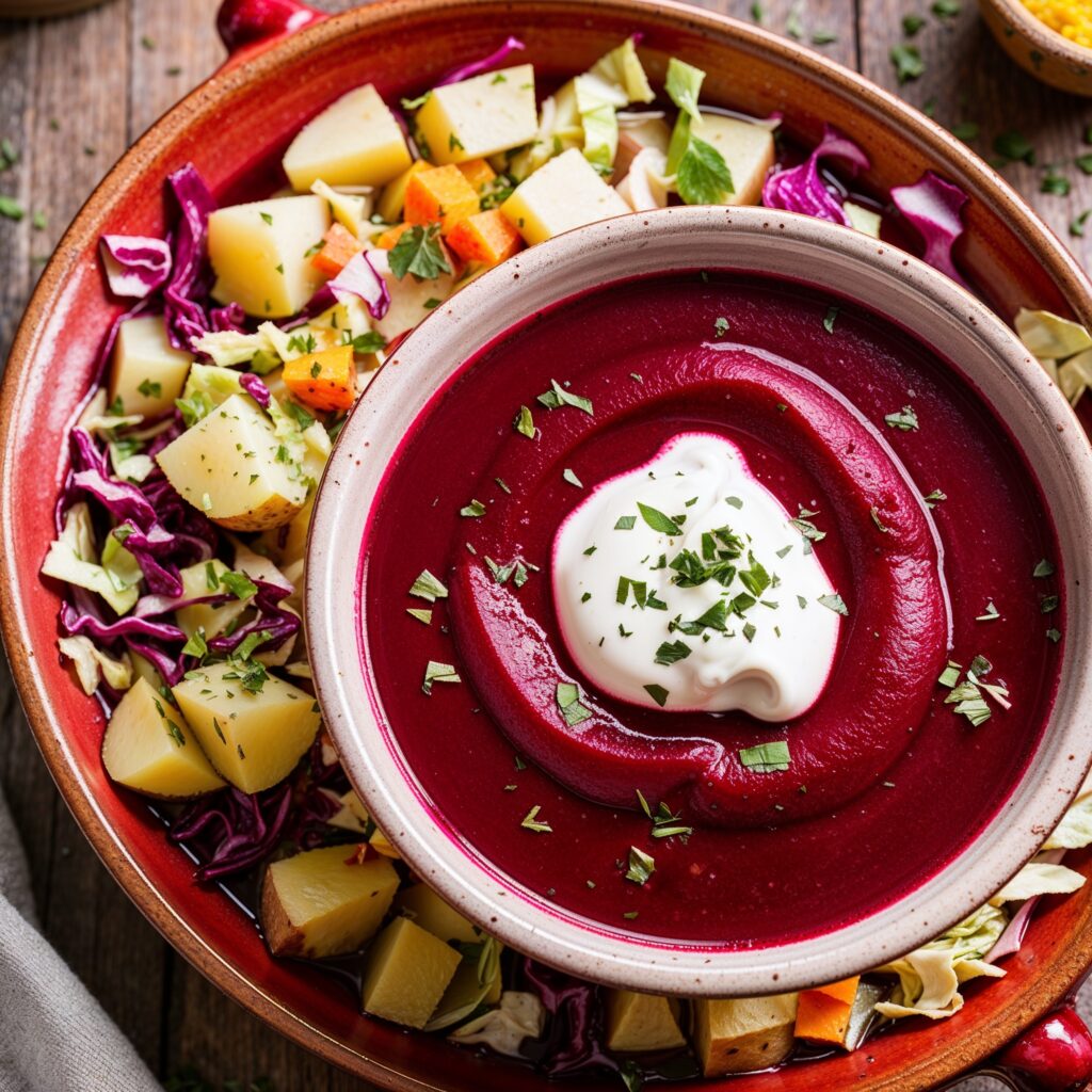 Delight in the hearty flavors of Borscht, a traditional Ukrainian soup.