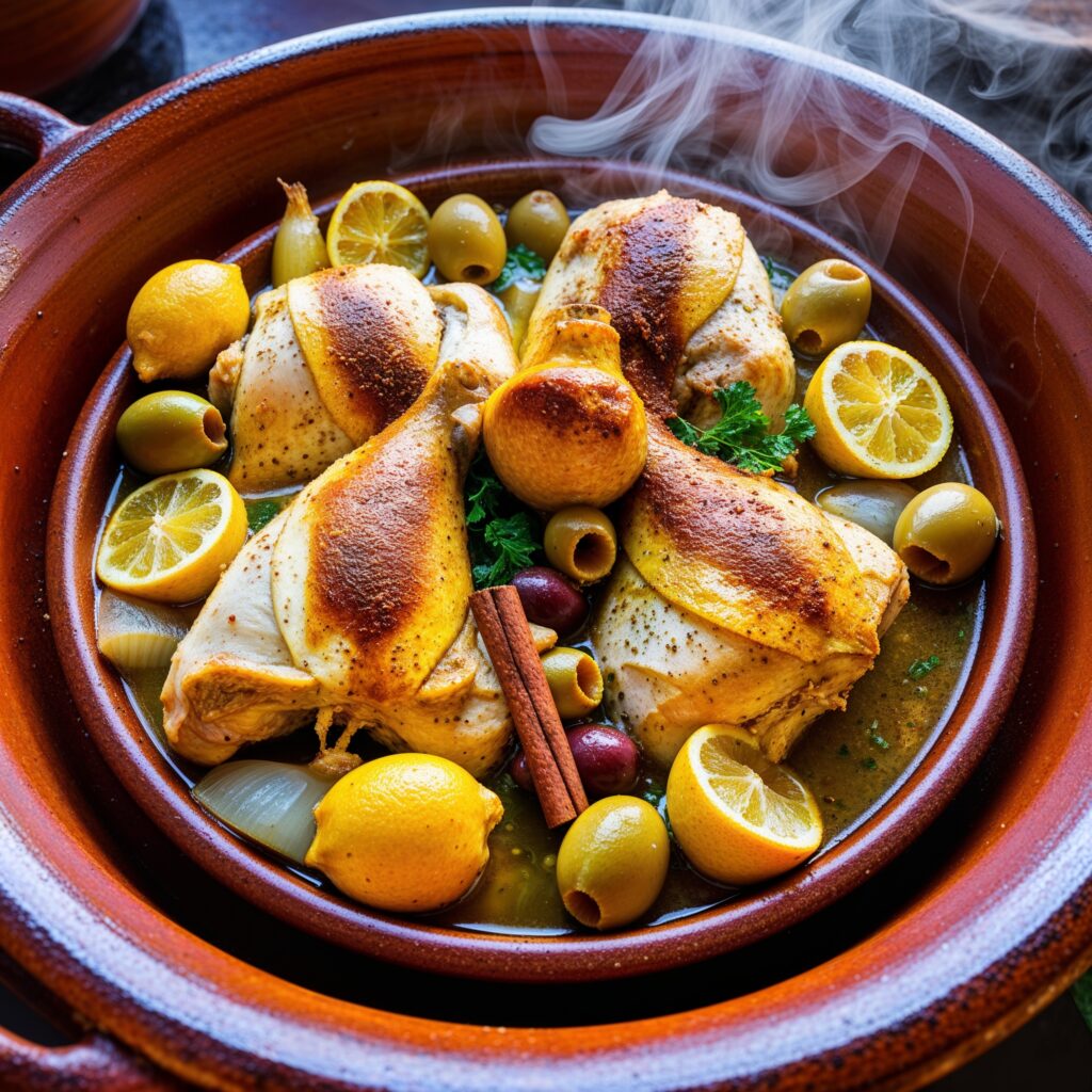 Exploring Global Cuisines: Moroccan Tagine with chicken, olives, and preserved lemons simmered in a fragrant spice blend.