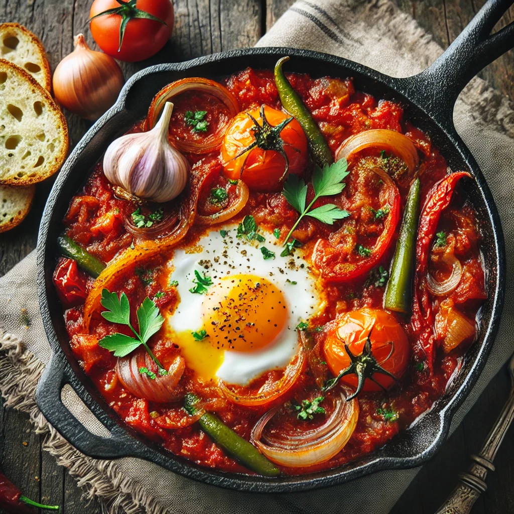 A vibrant dish of Shakshuka featuring a rich tomato sauce with poached eggs nestled on top, seasoned with cumin, onions, and bell peppers.