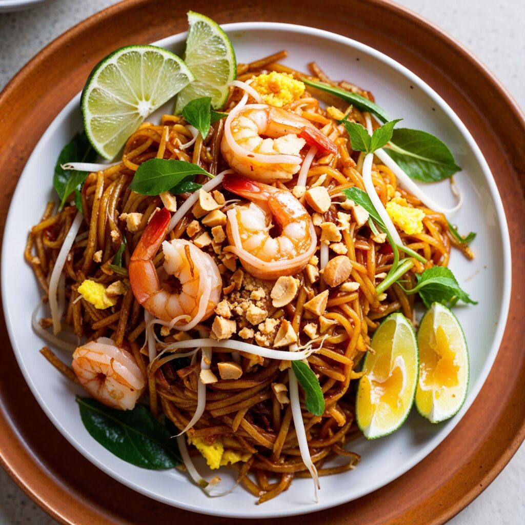 Exploring Global Cuisines: Thai Pad Thai with shrimp, noodles, tamarind sauce, and crushed peanuts.
