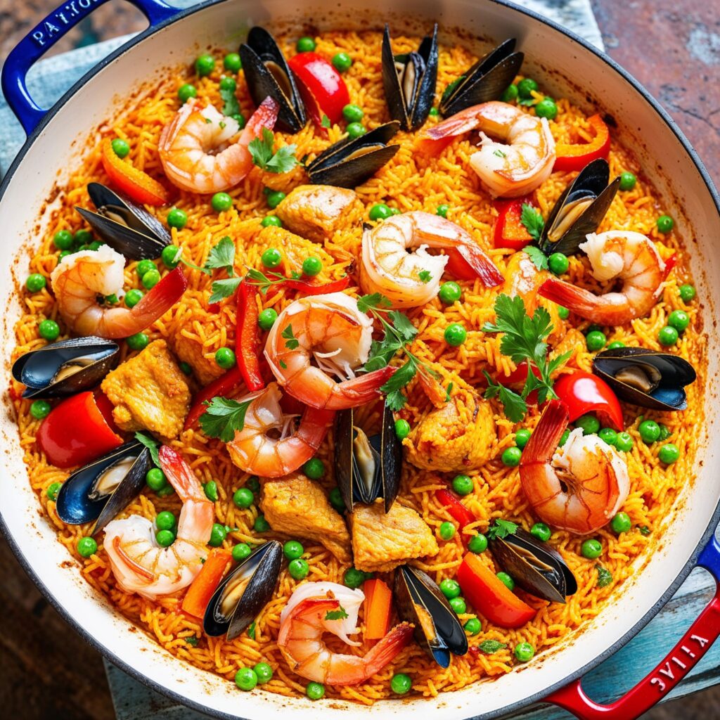 A delicious Spanish Paella filled with saffron rice, shrimp, mussels, chicken, and colorful vegetables.