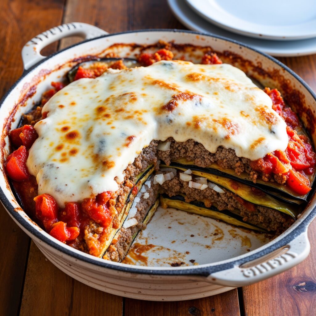 A delightful Greek Moussaka with layers of eggplant, lamb, and creamy béchamel.