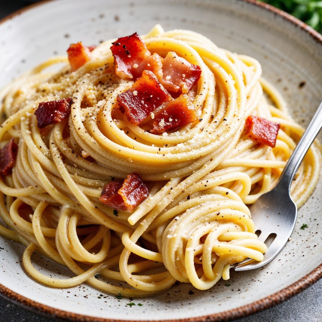 Exploring Global Cuisines: Enjoy the rich flavors of Italian Spaghetti Carbonara, a creamy pasta delight.