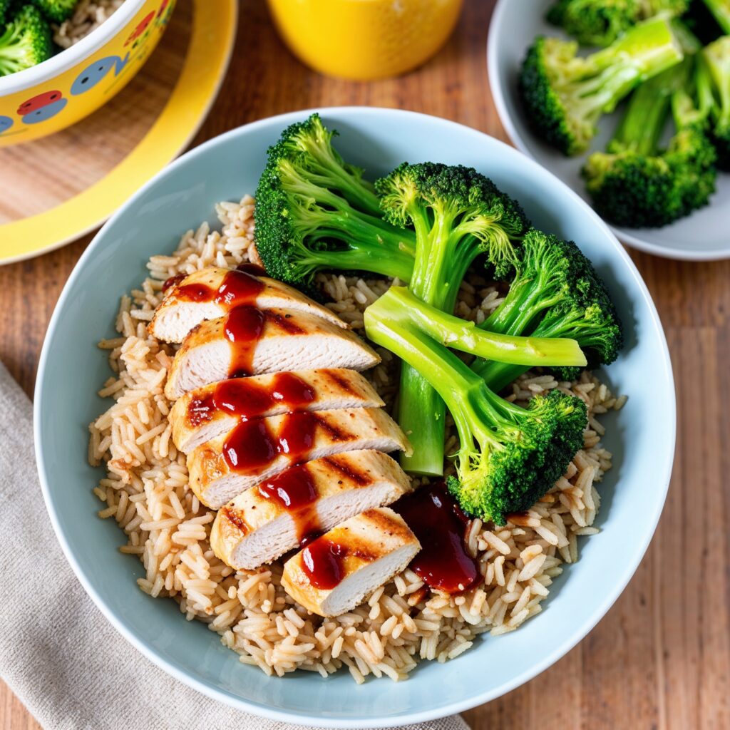 Brown rice and chicken bowl—nutritious and balanced, supporting healthy eating habits to reduce childhood obesity.