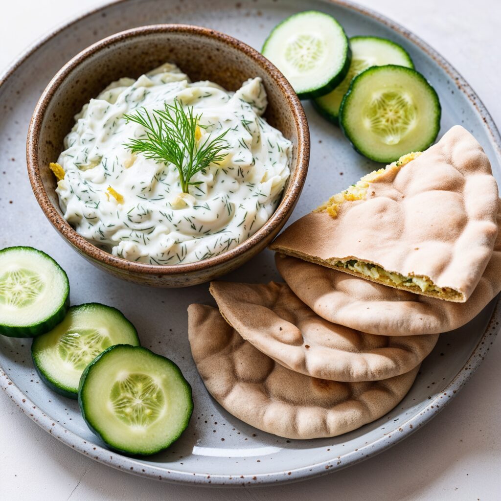 Whole grain pita with tzatziki sauce, promoting healthy snacking options to combat childhood obesity.