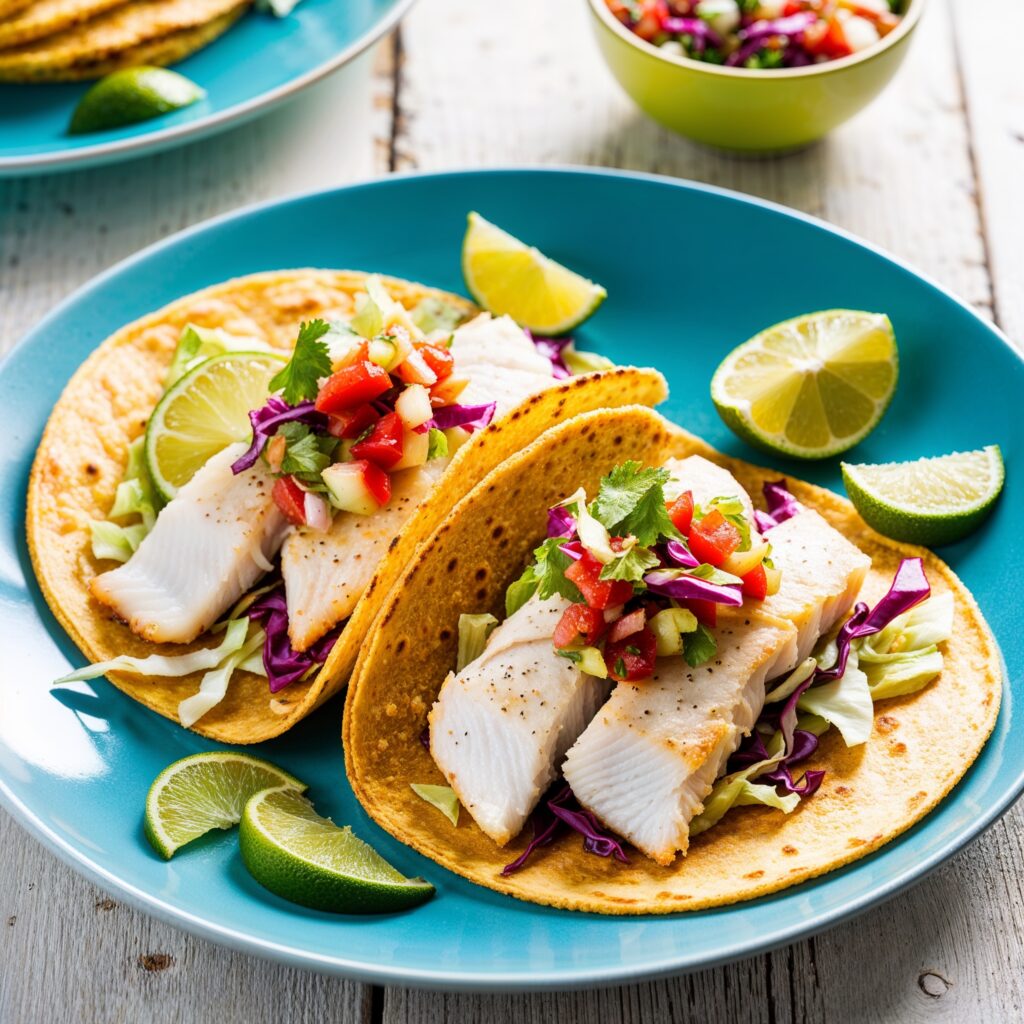 Oven-Baked Fish Tacos with flaky fish, cabbage, salsa, and lime on a rustic wooden table, promoting healthy eating.