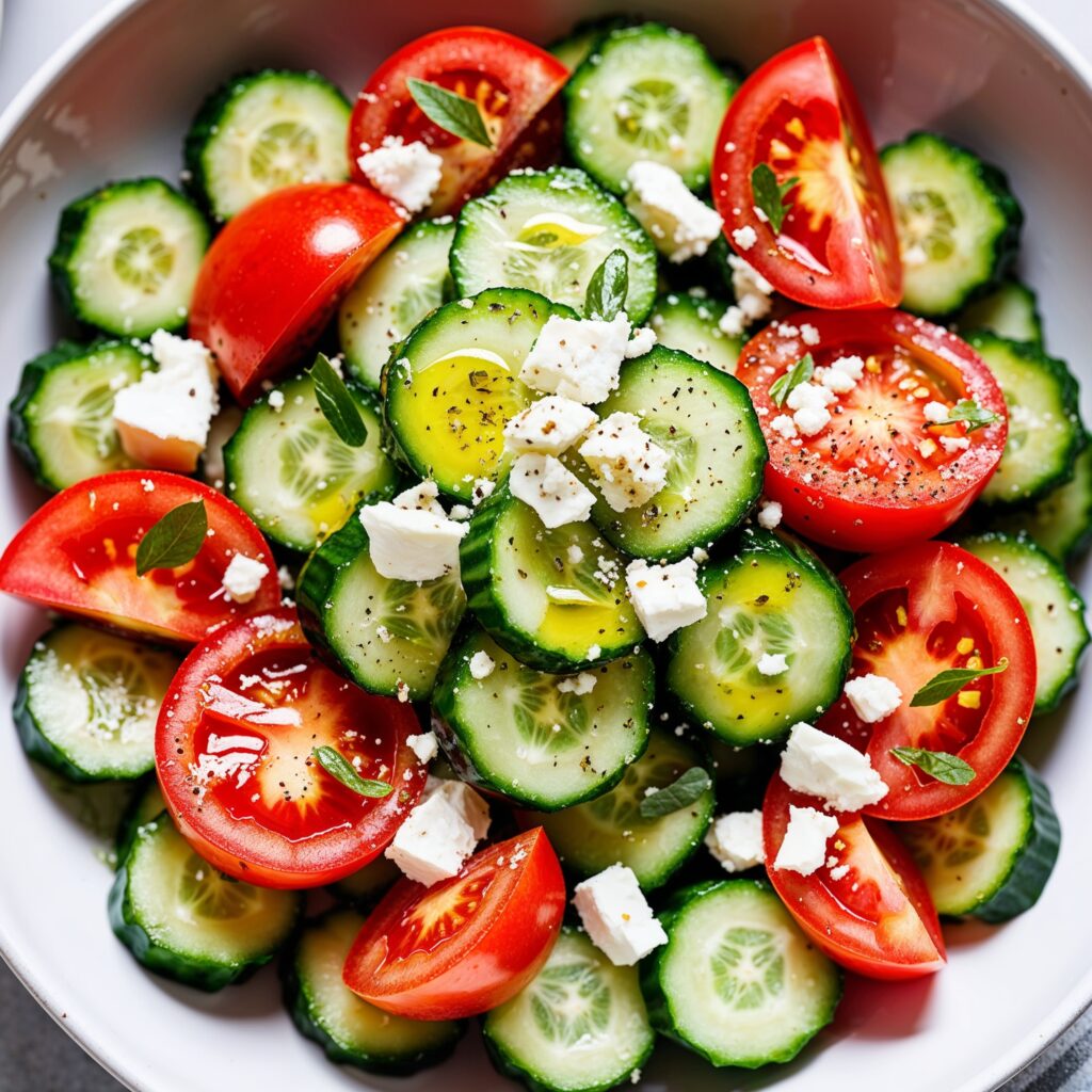 Fresh cucumber and tomato salad with feta—a light, nutritious dish to help combat childhood obesity.