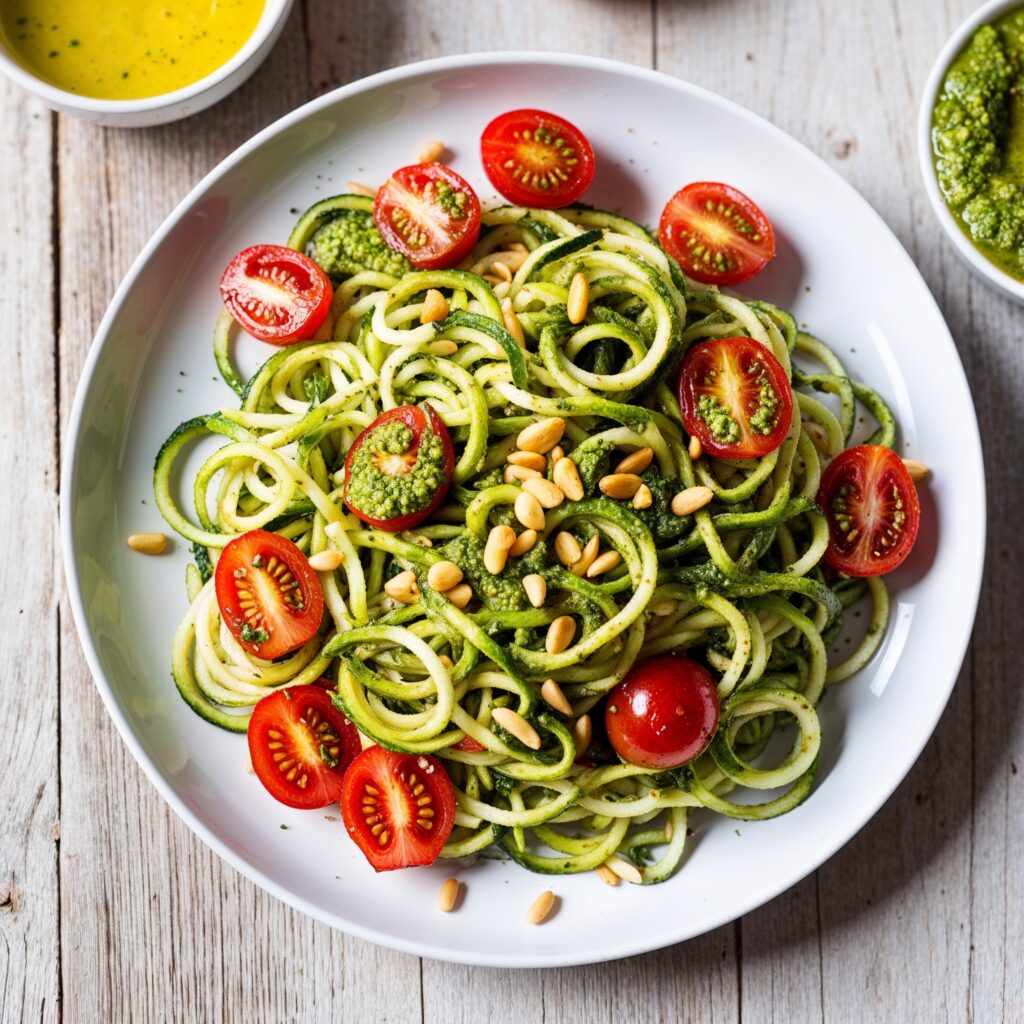 Pesto Zoodles made with zucchini noodles, pesto, cherry tomatoes, and pine nuts, promoting healthy eating.