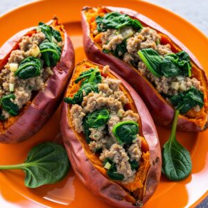 Turkey and Spinach Stuffed Sweet Potatoes