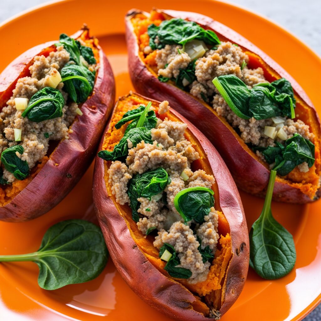Turkey and spinach stuffed sweet potatoes—a delicious, healthy meal to help fight childhood obesity.