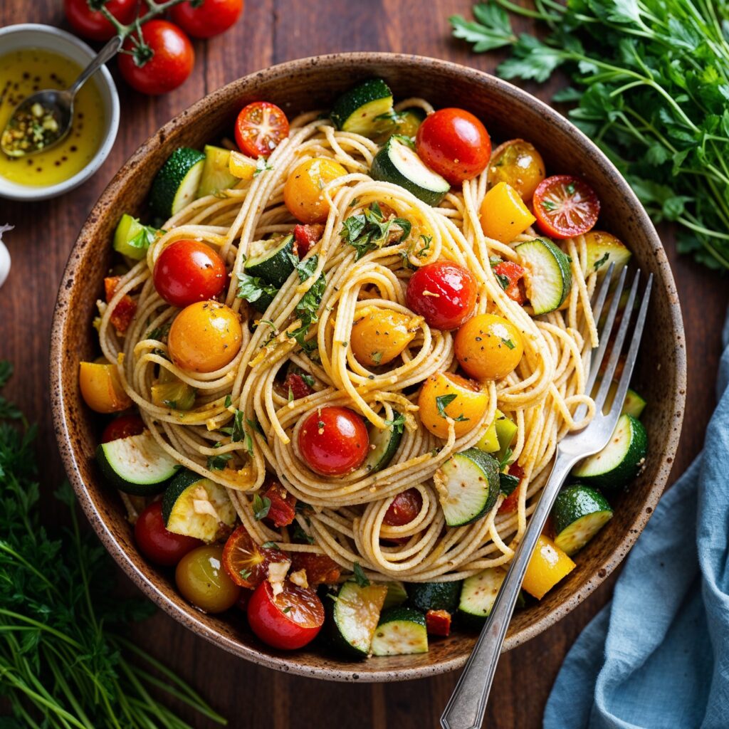 A vibrant and appetizing image of a bowl of Pasta Primavera