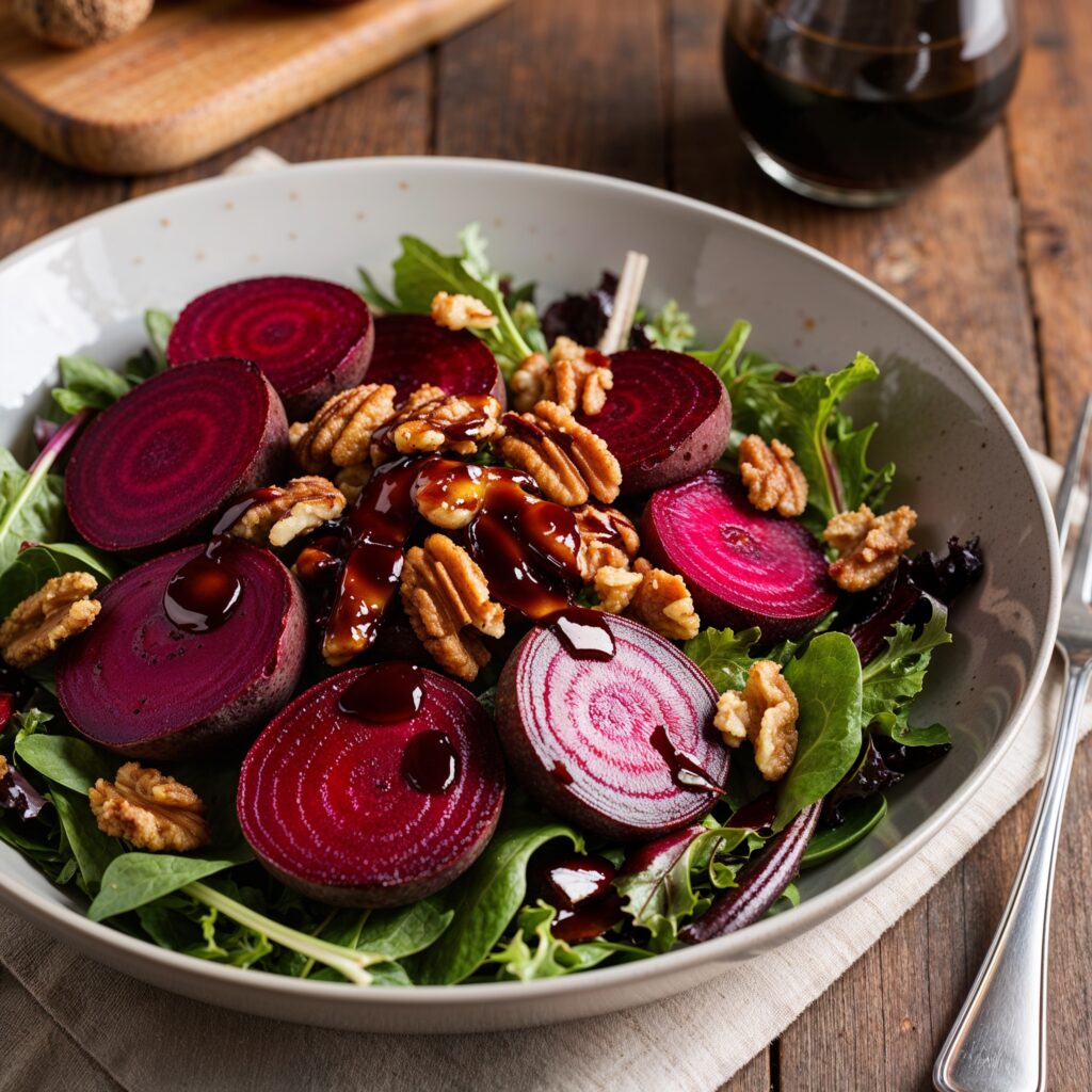 Vibrant roasted beet and walnut salad featuring sliced beets on a bed of mixed greens, topped with toasted walnuts and drizzled with balsamic dressing, presented in a stylish bowl