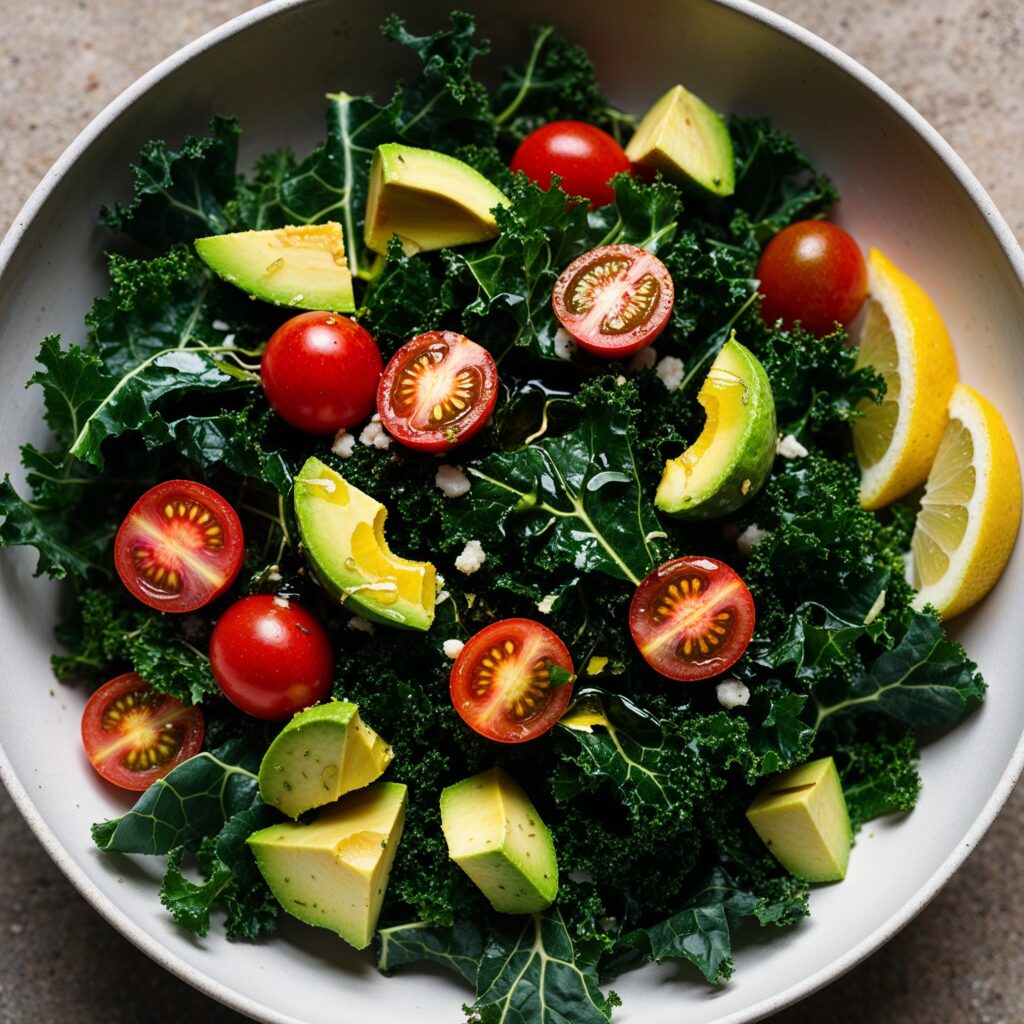 A fresh kale salad with creamy avocado, juicy cherry tomatoes, and a light drizzle of olive oil and lemon.