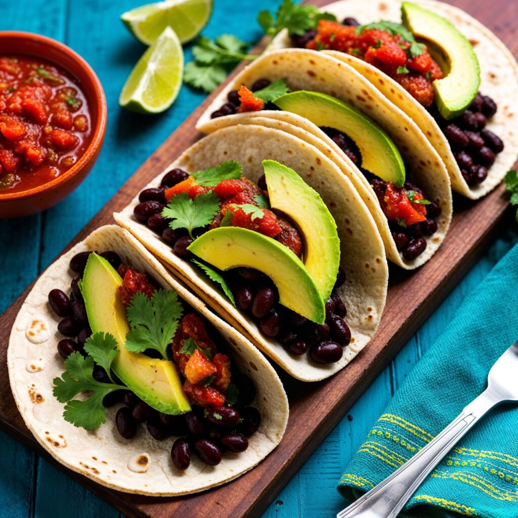 Mexican Black Bean Tacos filled with black beans, avocado slices, salsa, and garnished with cilantro on a rustic wooden board