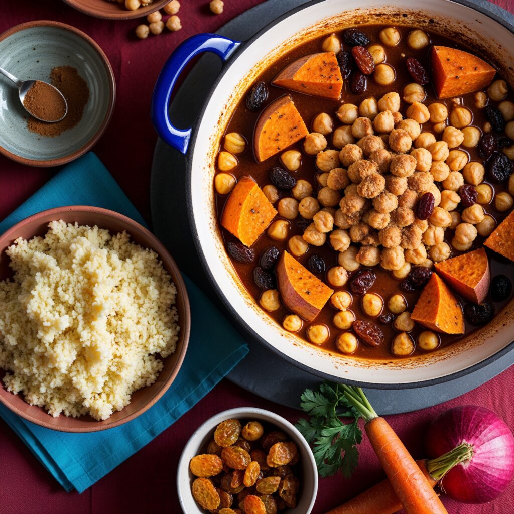 Chickpea Tagine (Morocco): A nutritious dish featuring chickpeas, sweet potatoes, carrots, and raisins, served with couscous.